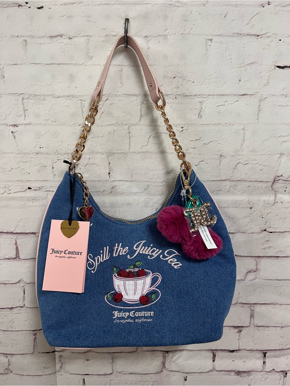 Juicy Couture Spill The Juicy Tea Denim Hobo Bag Cherry Charm Pink Y2K NWT